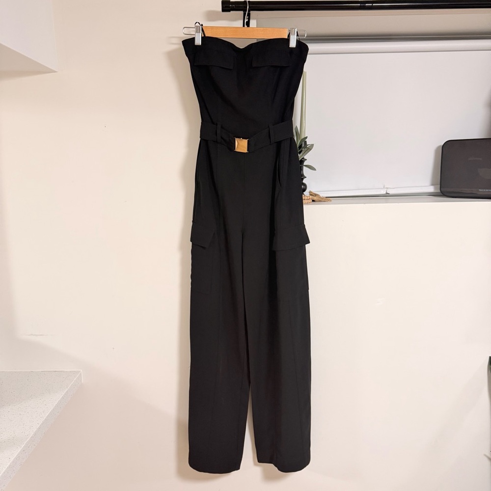 Zara Strapless Black & Gold Belted Jumpsuit